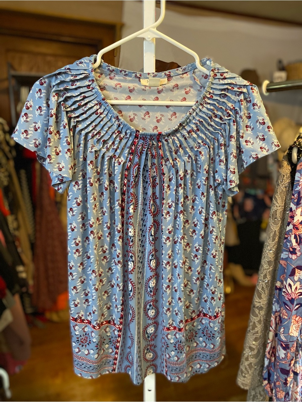 Style & Co. Light Blue Floral Pintuck Peasant Top, paisley print